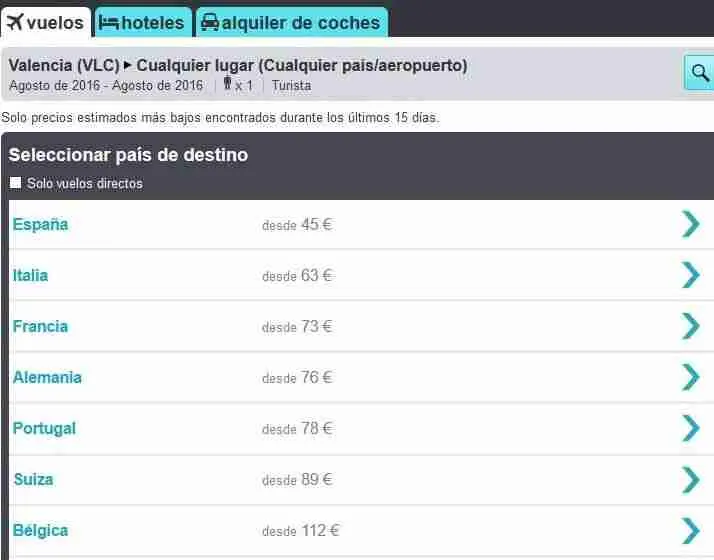 Búsqueda en Skyscanner desde Valencia a «Cualquier lugar», con los destinos ordenados por precio