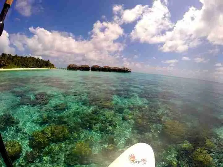 Arrecife junto a los bungalows sobre el agua, visto desde una tabla de paddle surf