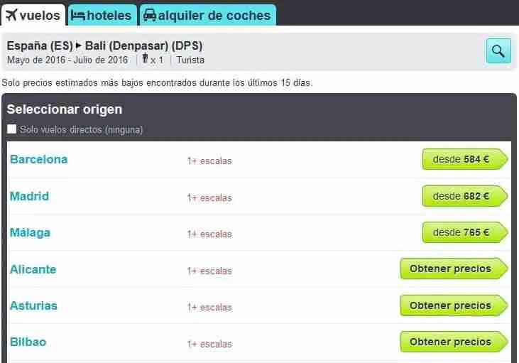Búsqueda en Skyscanner de España a Bali que compara el precio desde cada aeropuerto de salida