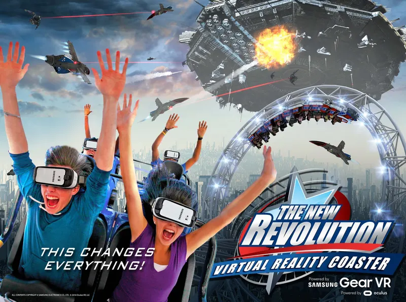 Pasajeros con gafas de realidad virtual en The New Revolution