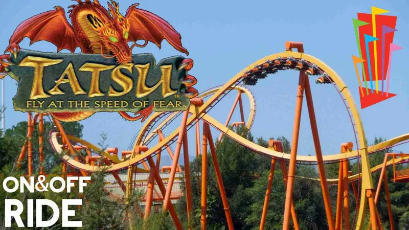 La vía naranja de Tatsu con su logotipo, en Six Flags Magic Mountain
