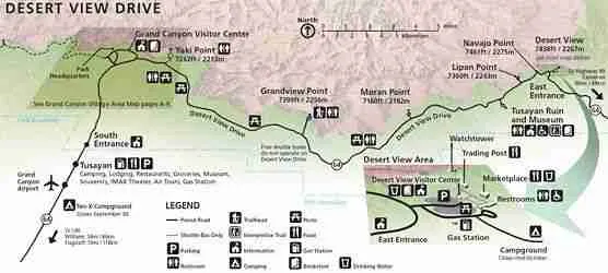 Mapa de la carretera de Desert View con los miradores de Grandview y Moran Point