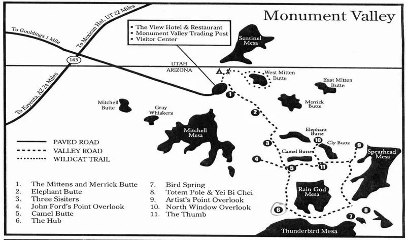 Mapa de la Valley Drive de Monument Valley con sus paradas numeradas