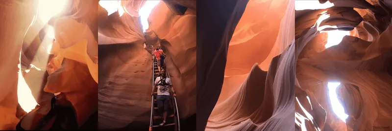 Viajera bajando por una escalera entre las paredes onduladas del Lower Antelope Canyon