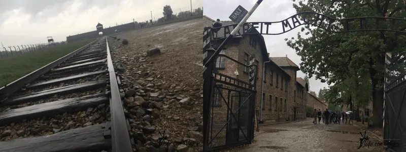 vías de tren de Birkenau y puerta de Auschwitz