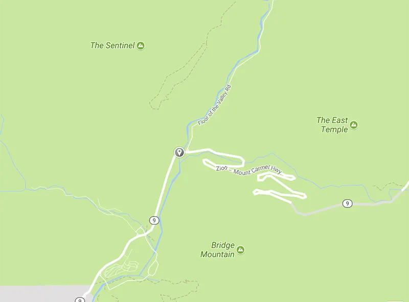 Mapa de las curvas de la carretera de la entrada este de Zion