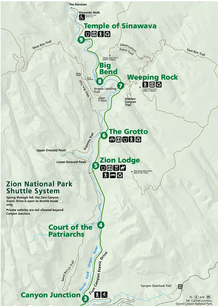 Mapa del autobús lanzadera del parque nacional de Zion con sus paradas