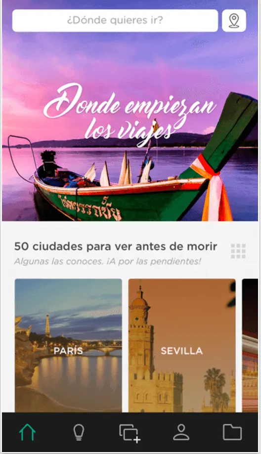Pantalla de Minube con la lista de 50 ciudades para ver antes de morir