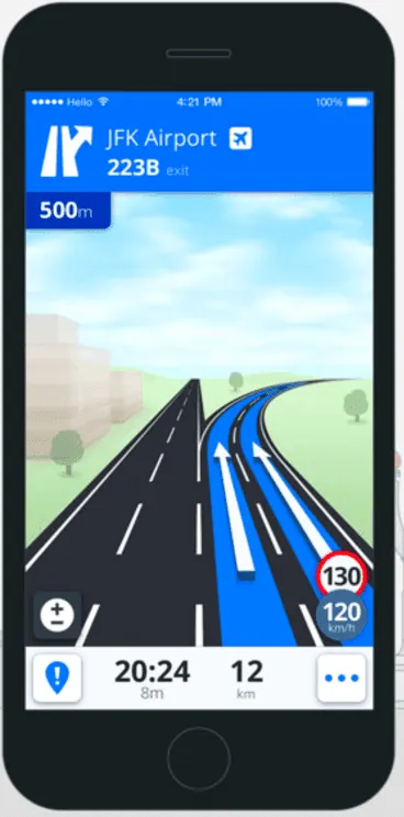 Pantalla de un navegador GPS con los carriles y el límite de velocidad
