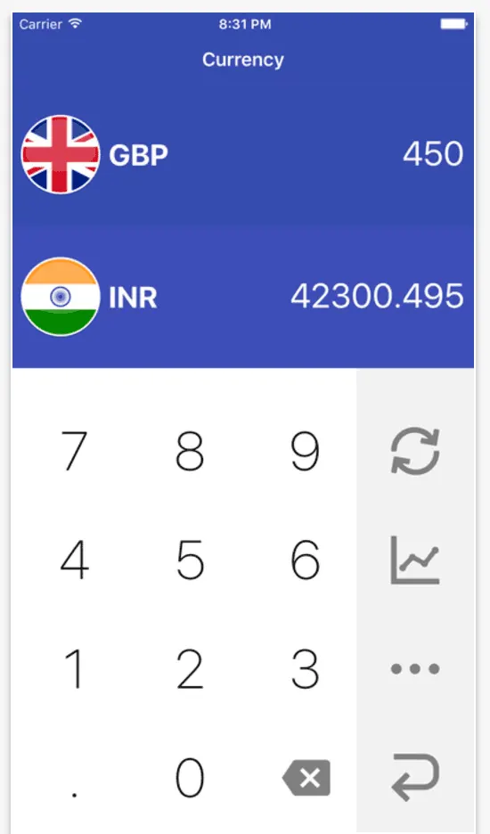 Pantalla de Easy Currency convirtiendo a rupias indias