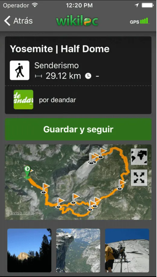 Pantalla de Wikiloc con el track de una ruta de senderismo de 29 km sobre el mapa