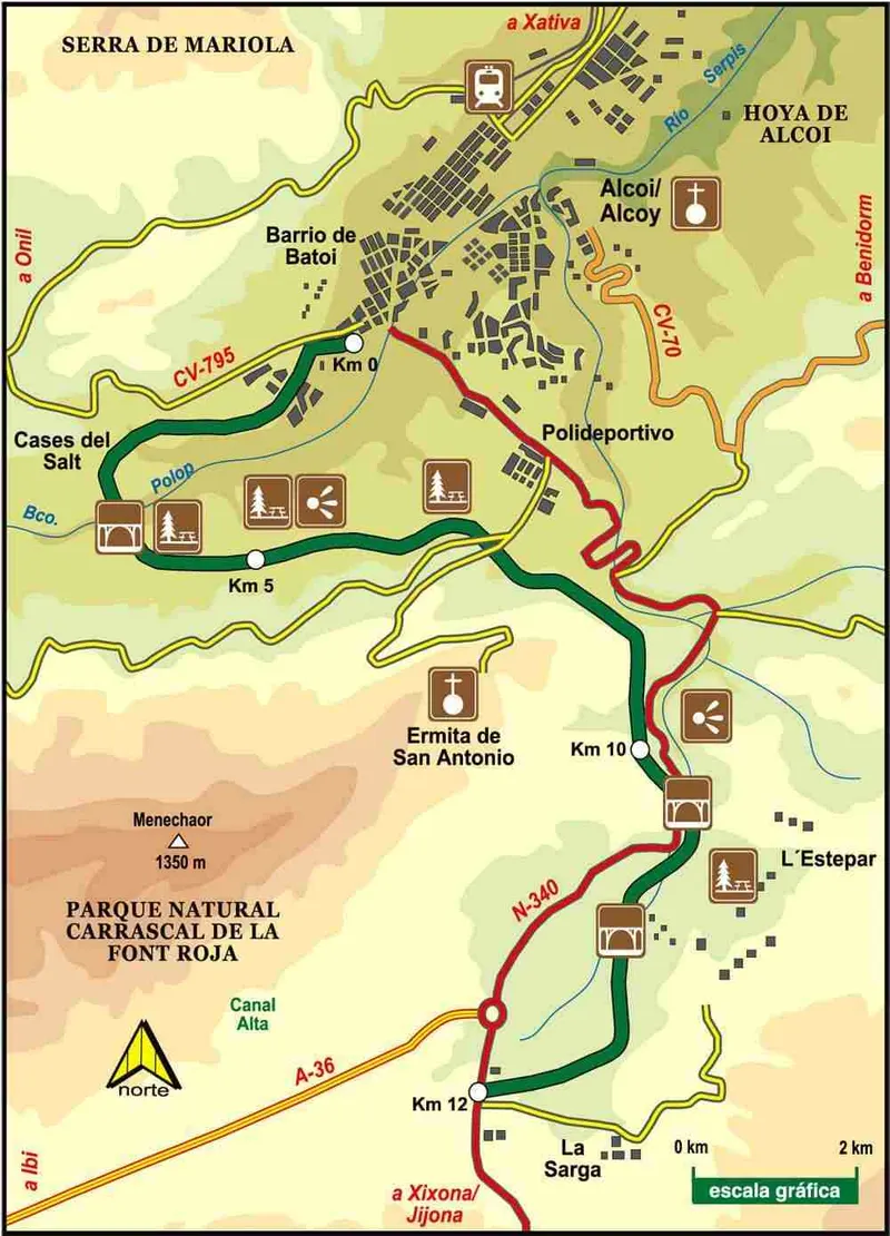 Plano de la vía verde de Alcoy por el parque natural del Carrascal de la Font Roja