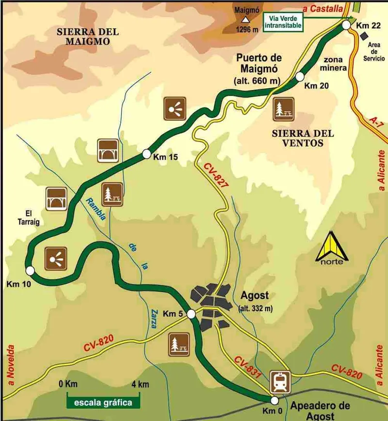 Plano de la vía verde del Maigmó, de Agost al puerto del Maigmó