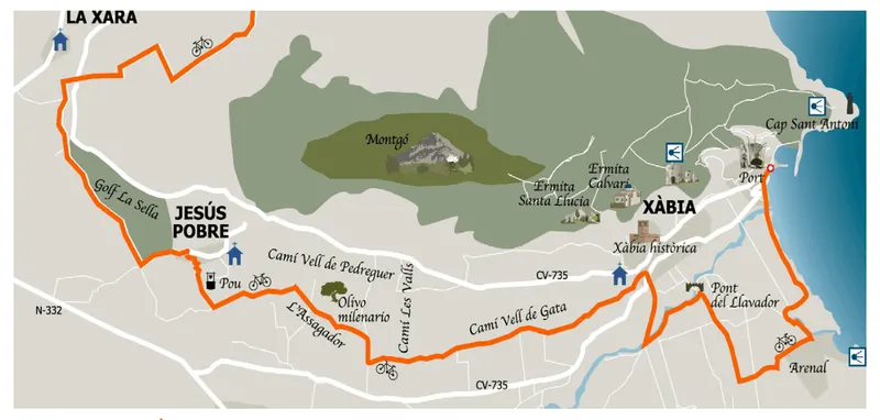 Mapa de la ruta de la vuelta al Montgó, entre Dénia y Xàbia