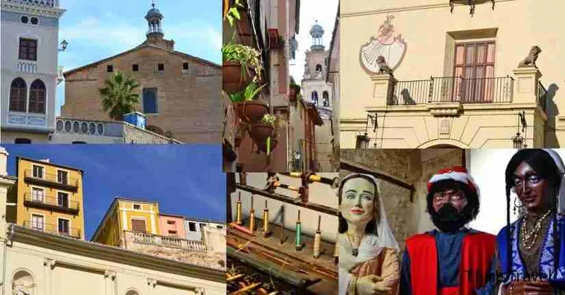 Collage de la Vila de Ontinyent: el campanario, sus calles y una de sus figuras