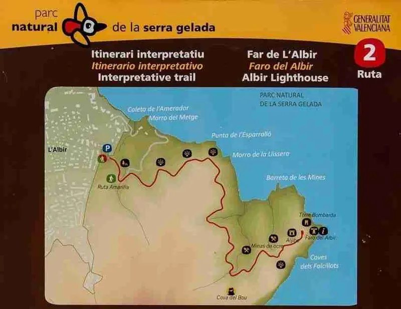 Panel del itinerario interpretativo al faro de l’Albir, en el parque natural de la Serra Gelada