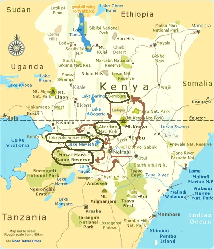 Mapa de Kenia con la ruta de safari por los parques nacionales
