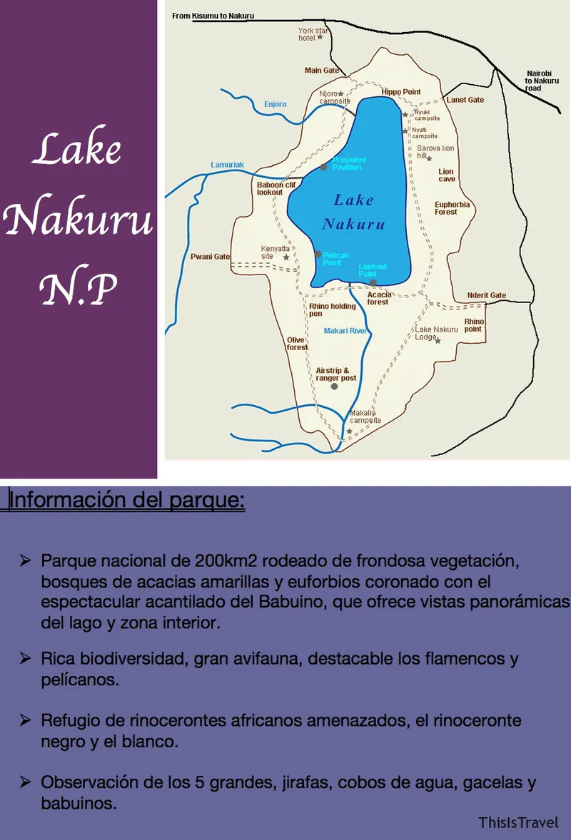 Mapa del parque nacional del lago Nakuru con información del parque