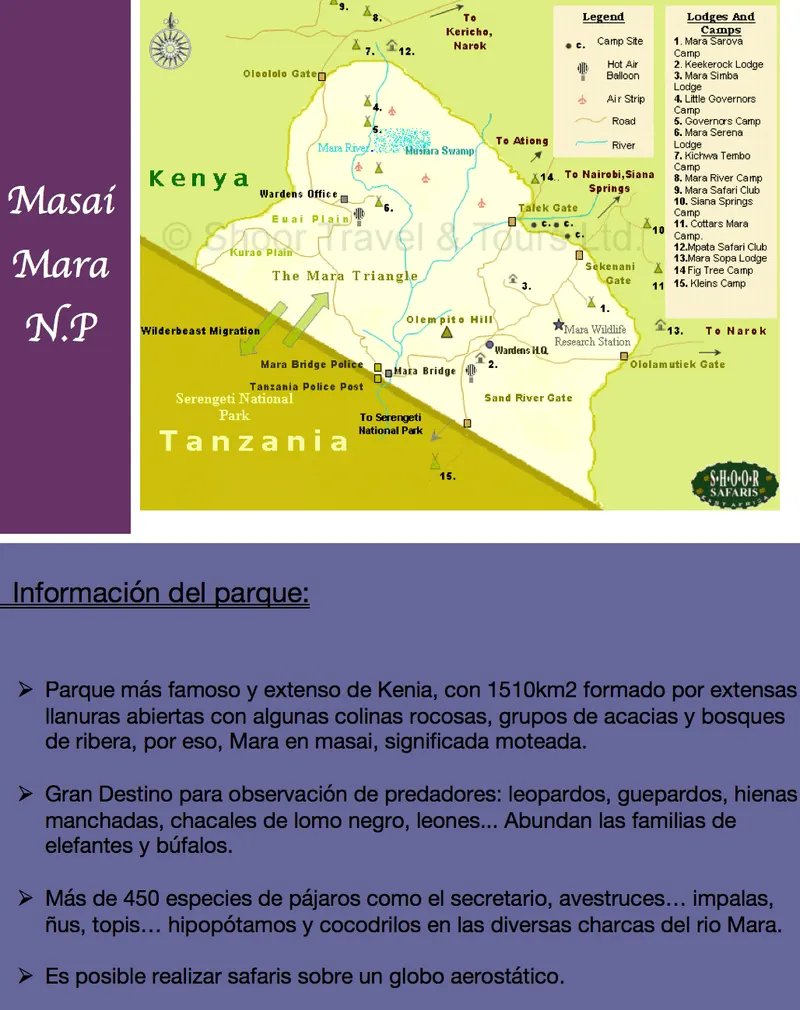 Mapa del parque nacional de Masai Mara, en la frontera con Tanzania, con información del parque