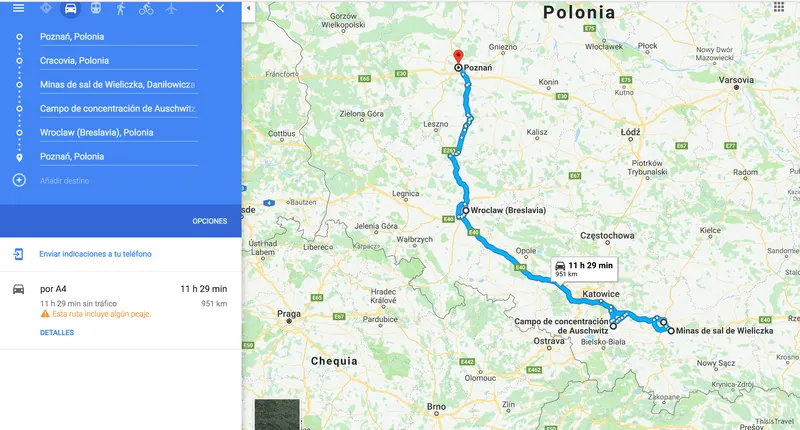 Mapa de la ruta en coche por Polonia, de Poznań hacia el sur del país