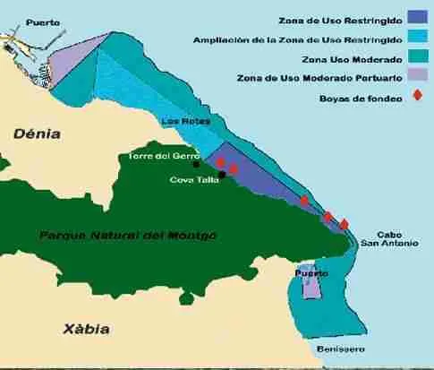 Mapa de la reserva marina del cabo de San Antonio, entre Dénia y Xàbia