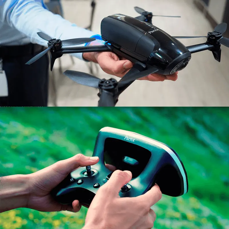El dron Parrot Bebop en la mano y su mando Skycontroller