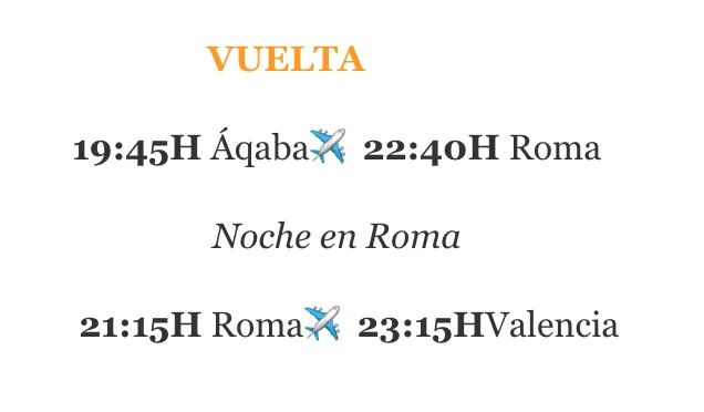 Horarios del vuelo de vuelta: Áqaba 19:45 a Roma 22:40, noche en Roma, y Roma 21:15 a Valencia 23:15