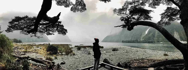 Silueta de una persona ante la niebla del Milford Sound
