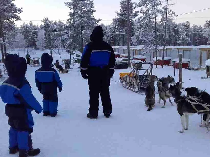 Trineo de perros y gente abrigada en la nieve de Rovaniemi