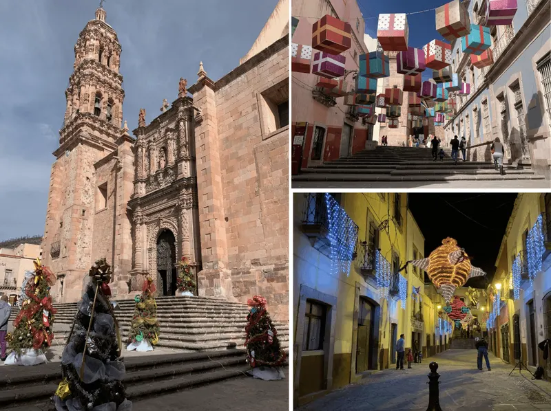 Collage de Zacatecas: su catedral, una calle del centro y las luces de Navidad