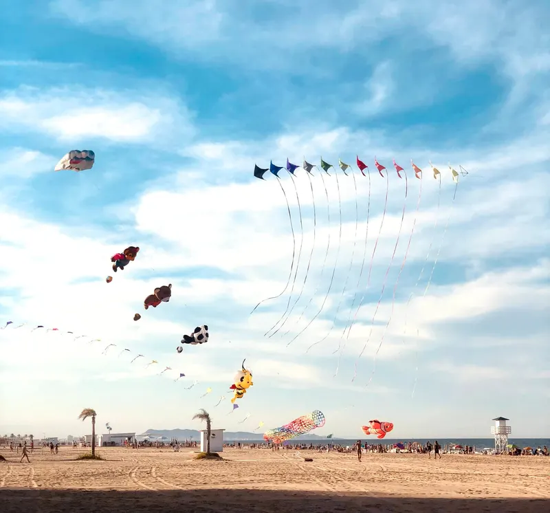 concurso de cometas en playa de Gandia en una tarde de junio