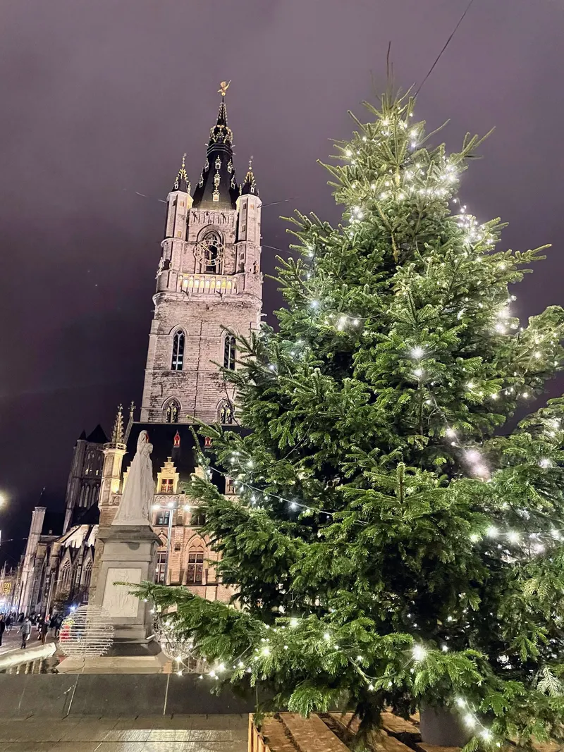 detalle árbol de Navidad del Gante de noche, Flandes, Belgica