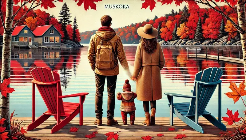 Ilustración de una familia en un embarcadero de Muskoka en otoño, entre sillas Muskoka y arces rojos