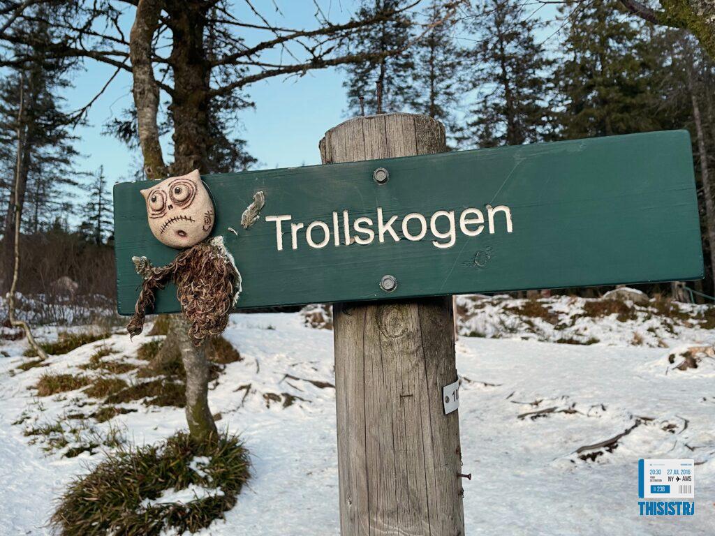 detalle señal infantil de Trolls en el Monte Floyen, Bergen, Noruega
