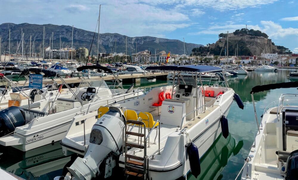 vista panoramica de Denia desde el puerto, se observa el castillo de Denia, pueblo pesquero y Montgo