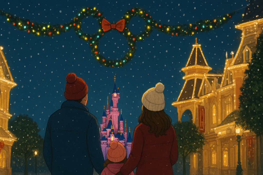 familia disfrutando de Disneyland paris en navidad, ilustracion